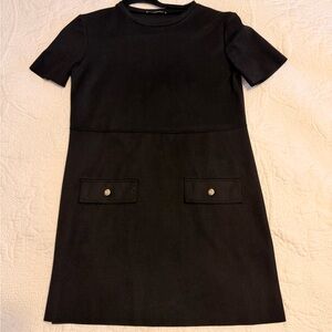 Zara Black Short Sleeve Shift Dress with Front Flap Pockets